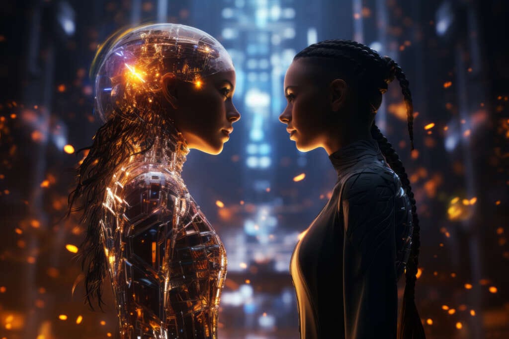 Rendered figures facing each other in neon, standing in for creative development