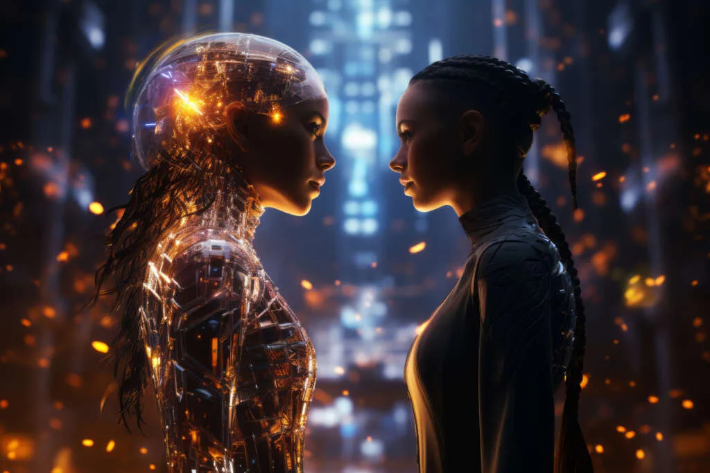 Rendered figures facing each other in neon, standing in for creative development