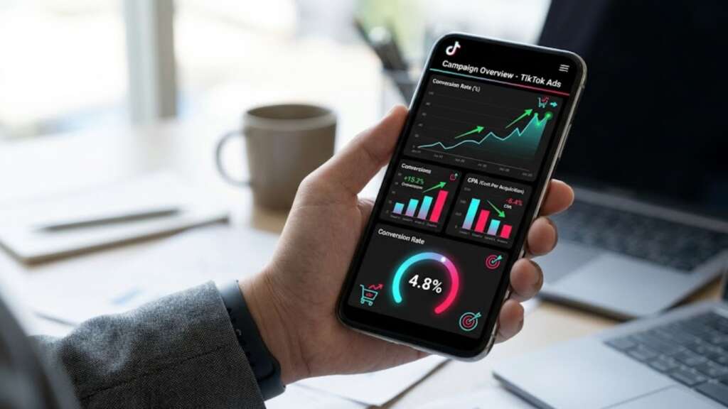 A campaign dashboard open on a phone in hand