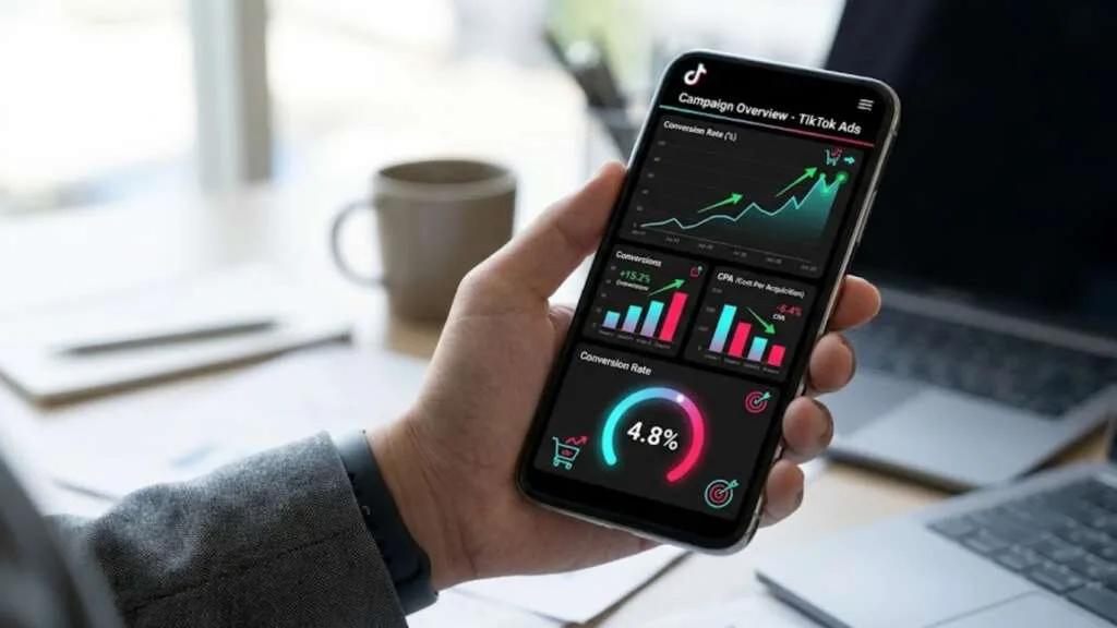 A campaign dashboard open on a phone in hand